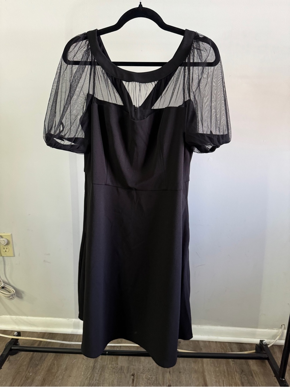 Maggy London Black Midi Dress with Sheer Puff Sleeves